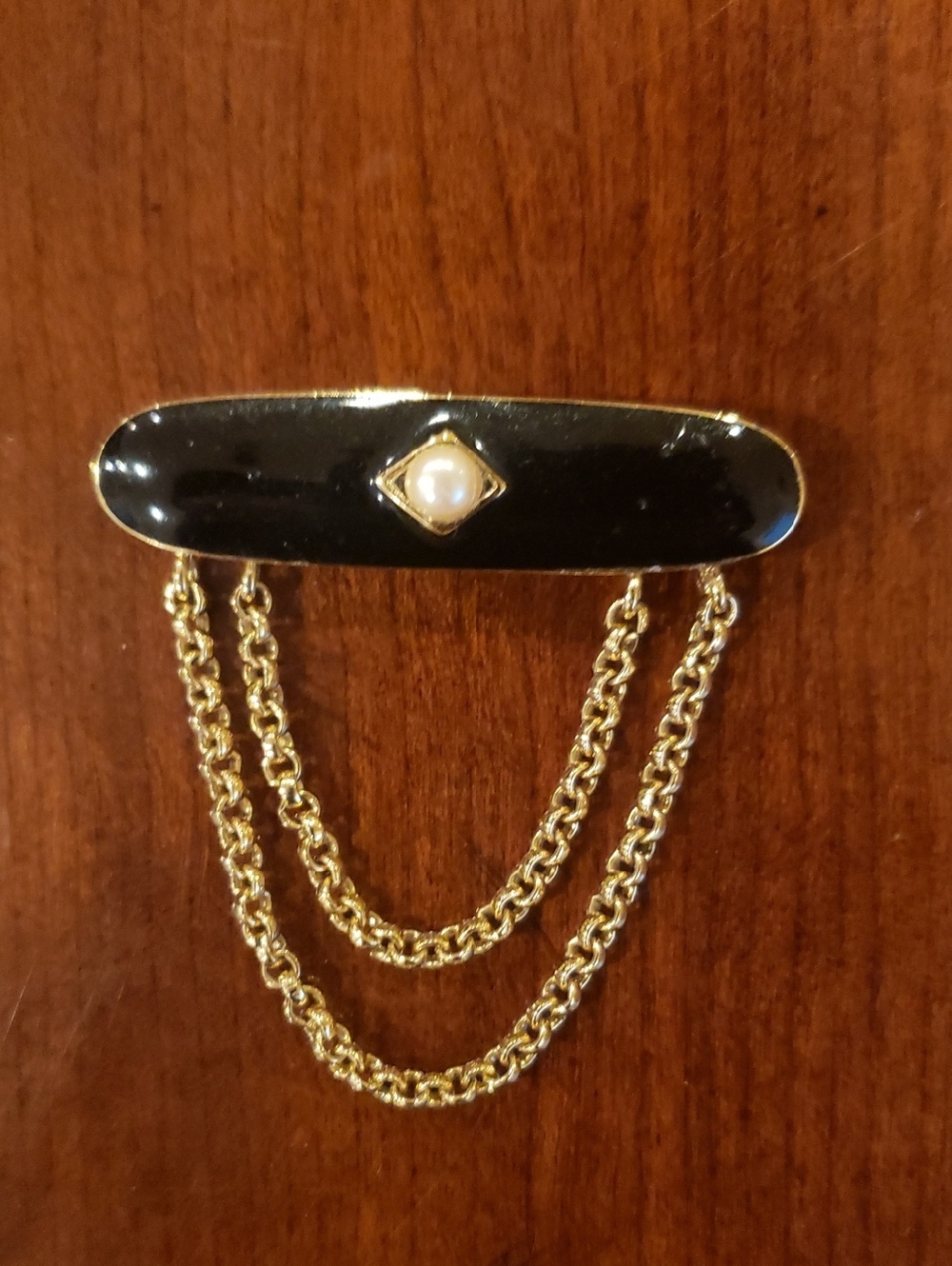 Vtg Monet Black and Gold Brooch with Pearl Accent